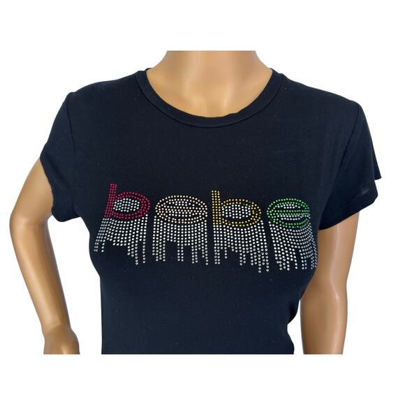 2/$15 Vintage Y2K Bebe Crystal Logo Rainbow Rhinestone Top Black Spellout Size M - Picture 8 of 11